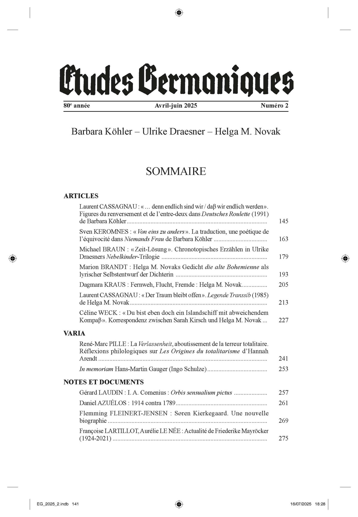 Etudes germaniques - N°2-2025