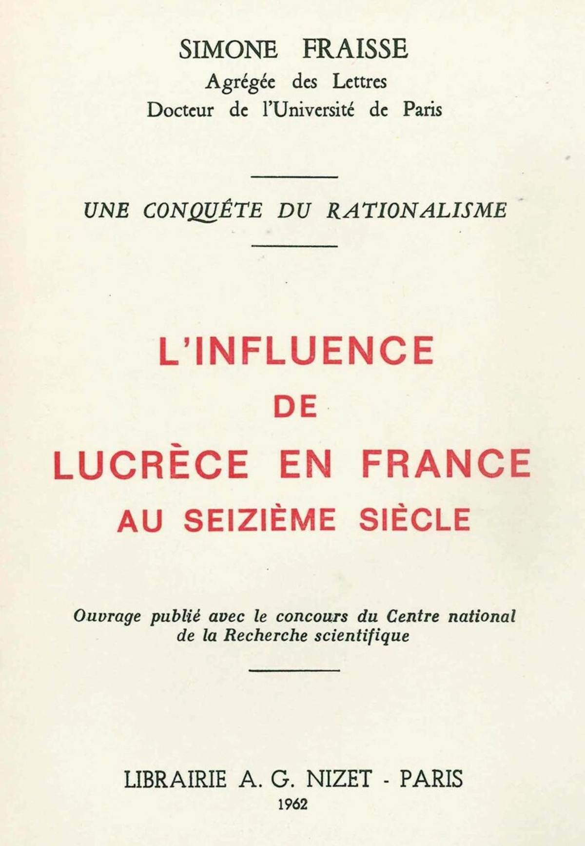 L'Influence de Lucrèce en France au XVI° siècle
