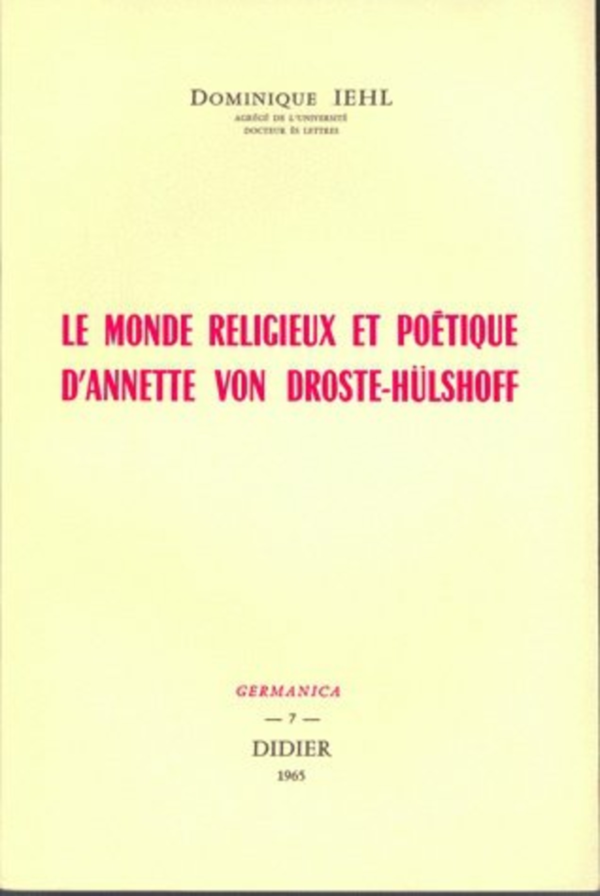 Le Monde religieux et poétique d'Annette von Droste-Hülshoff
