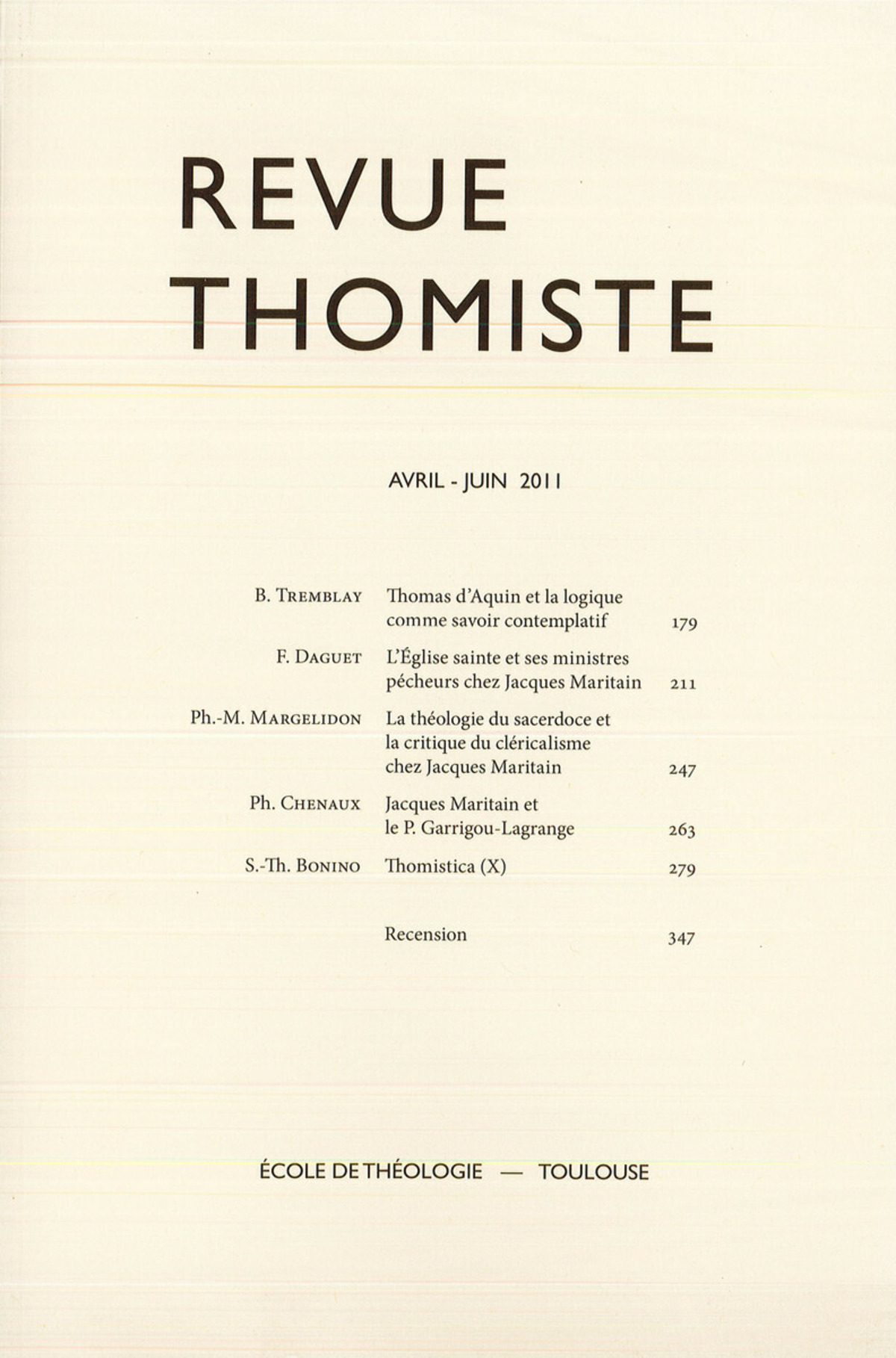 Revue thomiste - N°2/2011