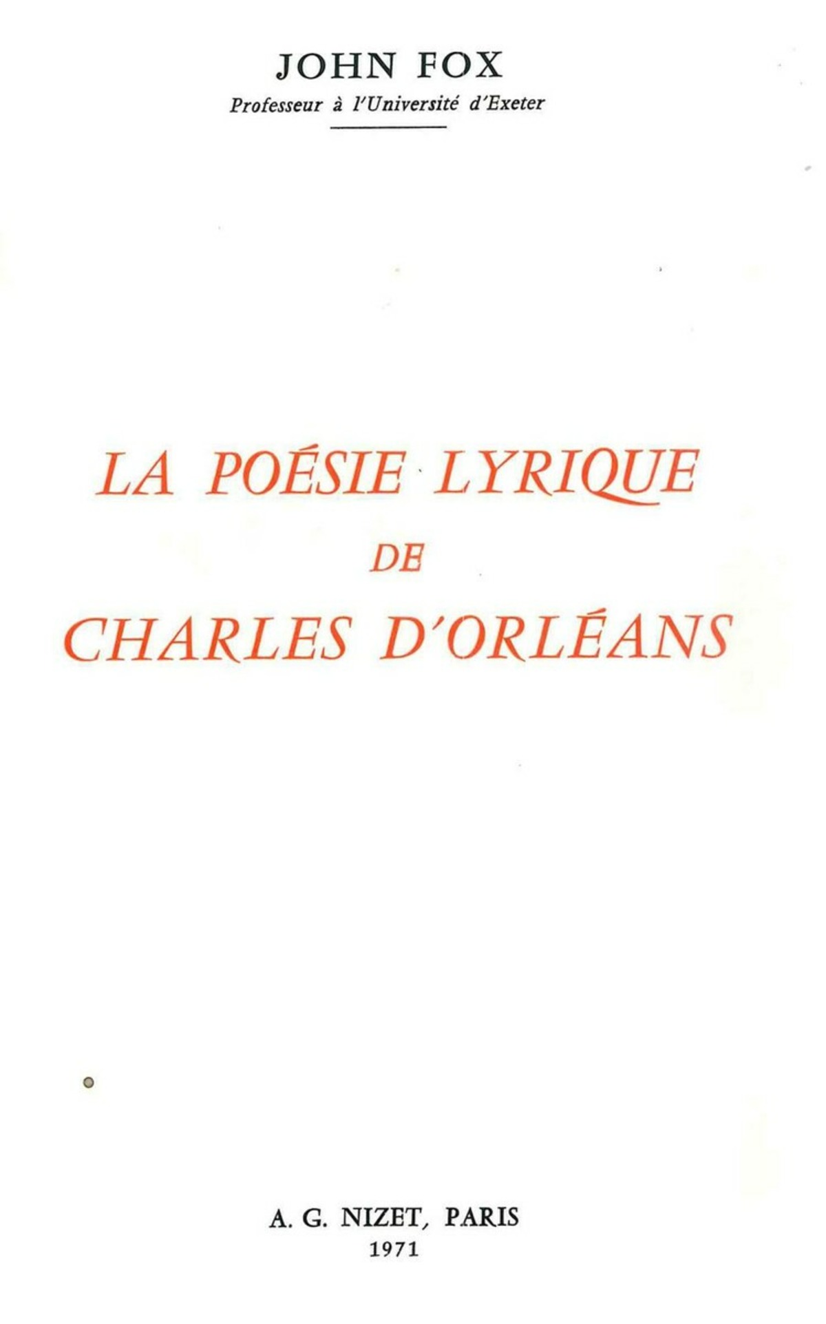 La Poésie lyrique de Charles d'Orléans