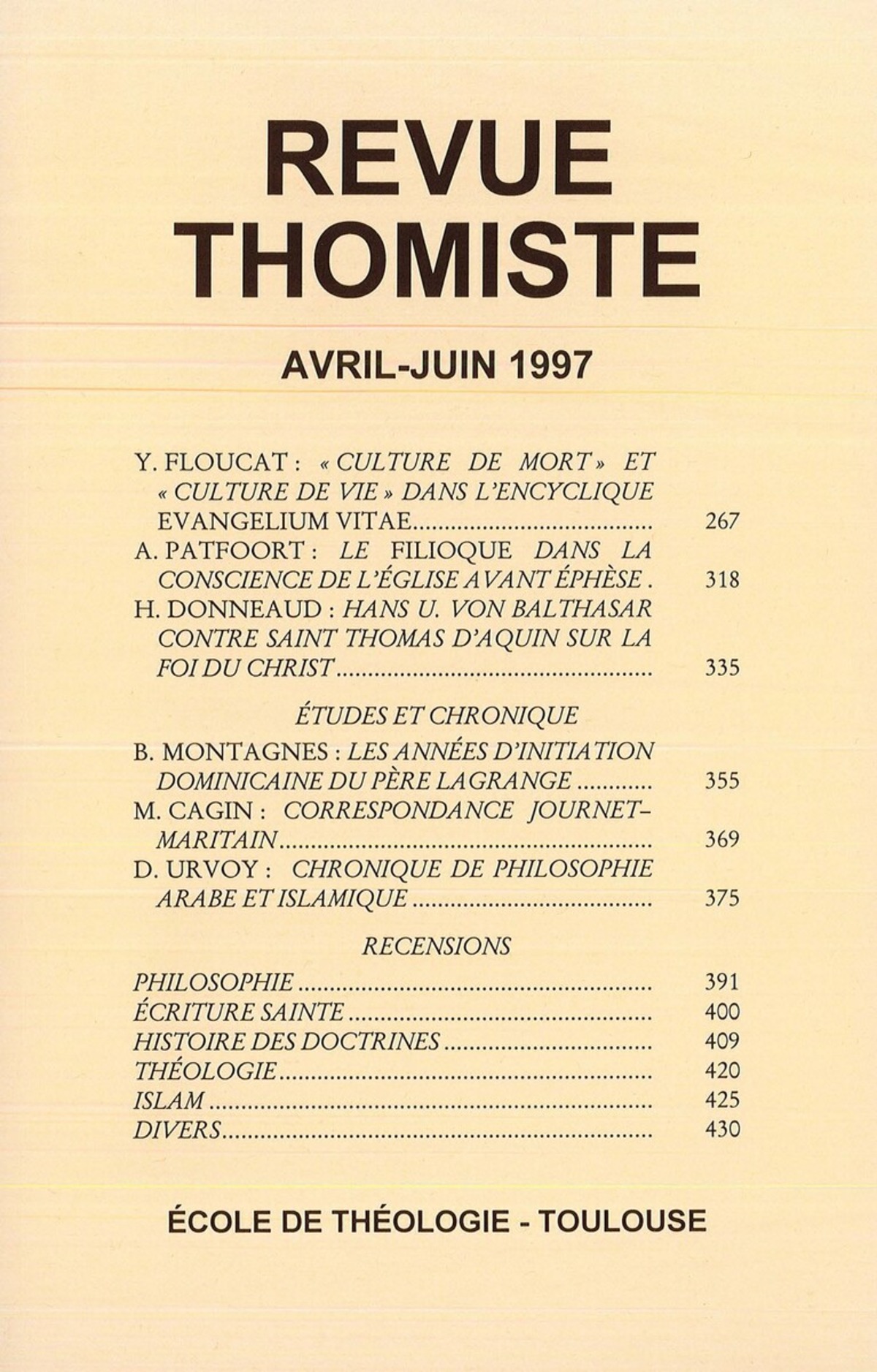 Revue thomiste - N°2/1997
