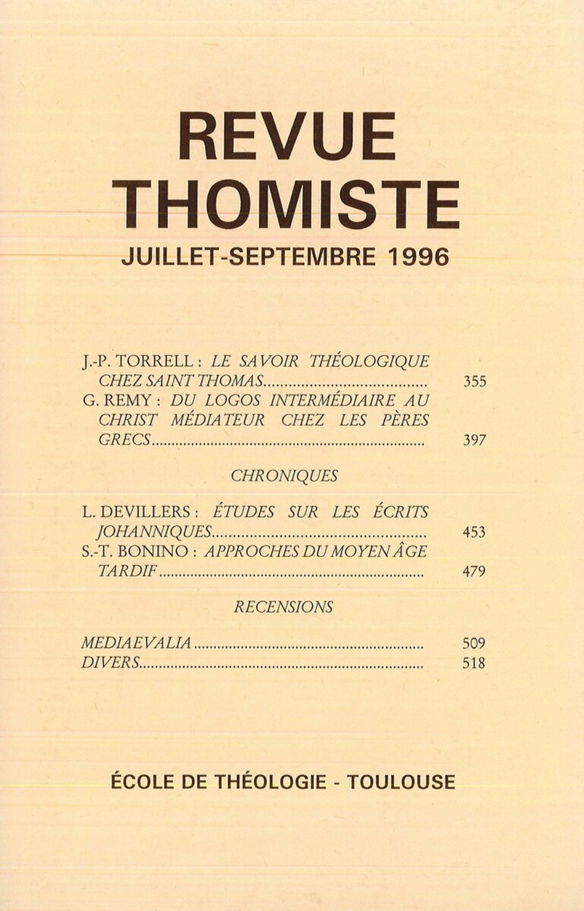 Revue thomiste - N°3/1996