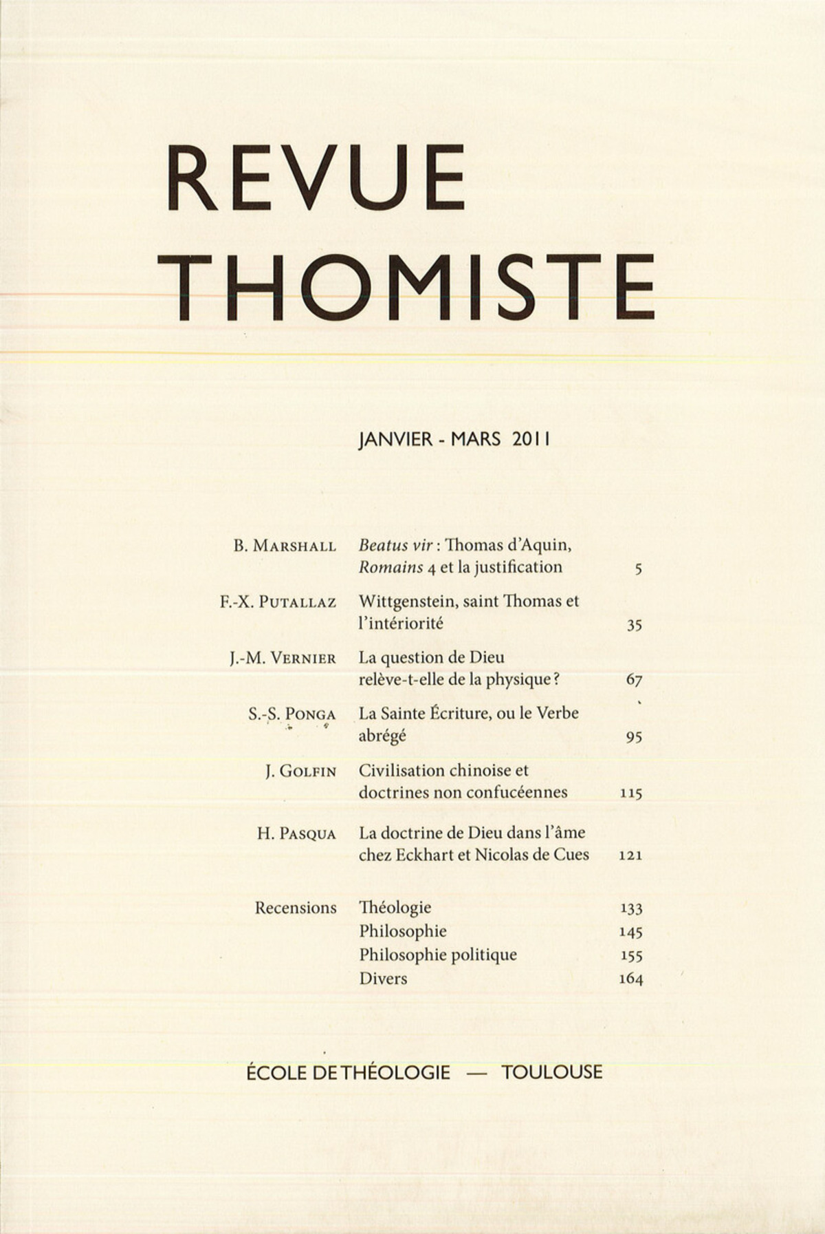 Revue thomiste - N°1/2011
