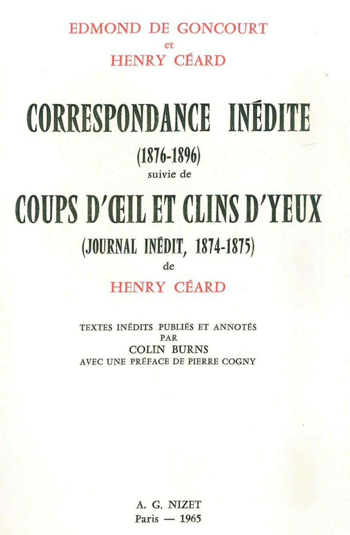 Correspondance inédite (1876-1896) suivie de Coups d'œil et Clins d'yeux (Journal inédit, 1874-1875) de Henry Céard