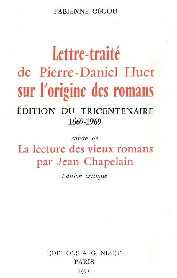 Lettre-traité de Pierre-Daniel Huet sur l'Origine des romans