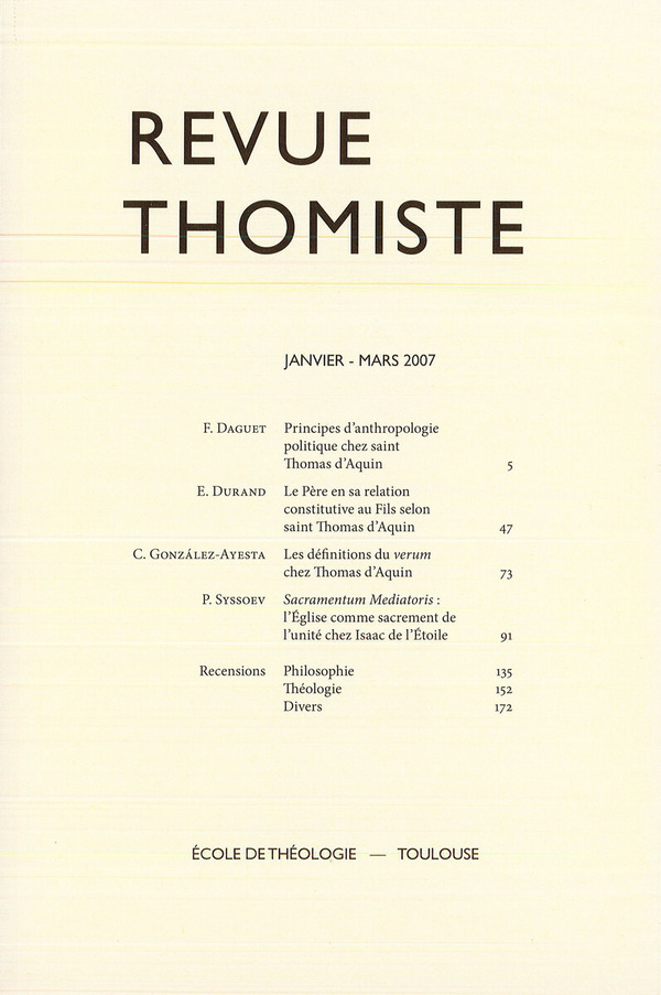 Revue thomiste - N°1/2007